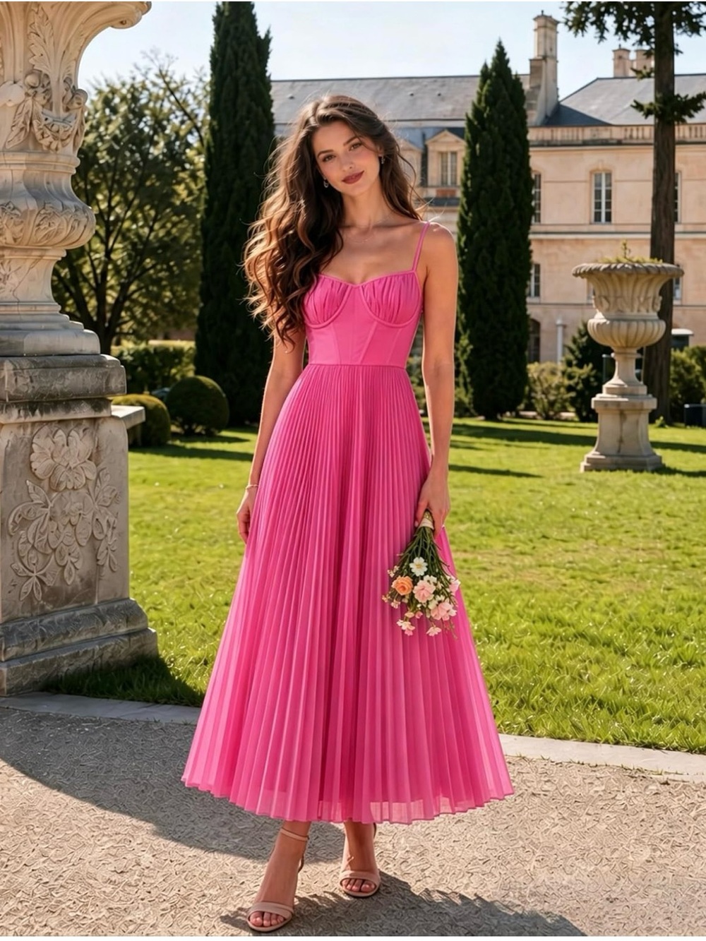 NWT Elegant Pink Pleated Midi Dress - Women